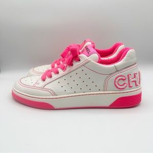Chanel Sneakers White Fuschia Pink Leather Logo Size EU 37